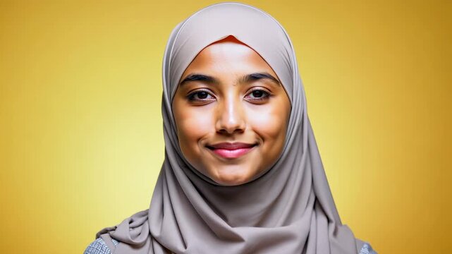 Close-up view of a smiling young Arabian woman in hijab on a yellow background. Bright yellow background complements the young woman&rsquo;s joyful, smiling face.