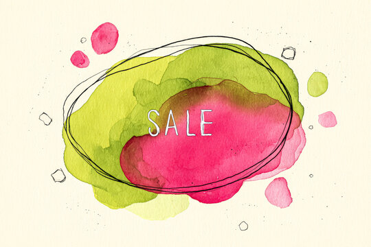 Colorful watercolor illustration featuring bold sale text on vibrant abstract background
