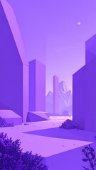 A stylized, purple cityscape, a long perspective.  Mountains rise in the distance.  Geometric, minimalist buildings create an abstract feel