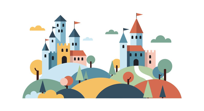 Whimsical Cartoon Castles on Rolling Hills Illustration.