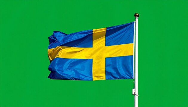 Swedish national flag waving on flagpole, blue field with yellow Nordic cross, set against solid green background