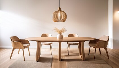 scandinavian style dining table with an oval shaped tabletop and four chairs in light oak tones featuring minimalist lines and contemporary style with hanging glass pendant lights and warm soft ligh