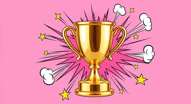 Winner's golden cup trophy award celebrating victory, success and achievement in a pop art comic style