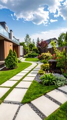 Modern garden path winds through landscaped backyard