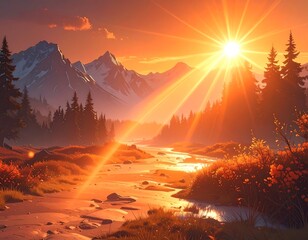 Golden sunset over a mountain stream.  Forest bathed in warm light