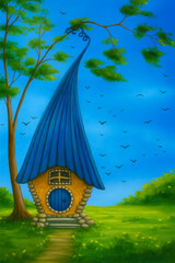 Whimsical fairy tale house illustration in vibrant colors, surrounded by nature and blue sky. Perfect for fantasy art, children’s stories, or magical design themes. (Fixed with AI)