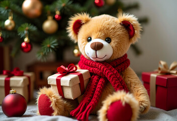 A Christmas teddy bear wearing a red scarf and holding a small gift. Sitting under a decorated Christmas tree, cozy and cute.