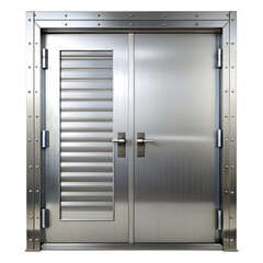Heavy duty industrial metal double door with horizontal slats and brushed steel finish, isolated on transparent background