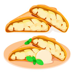 Apple Strudel Slices with Ice Cream and Mint