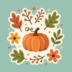 Naklejka premium Autumn pumpkin illustration with fall leaves and berries. Seasonal harvest graphic for Thanksgiving. Cute flat design decoration