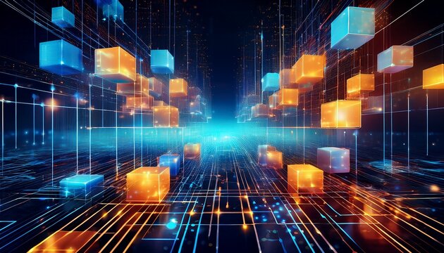 graphic cubes and color with technology blockchain and visualisation for crypto innovation abstract cyberspace and big data with internet software or network database for futuristic system