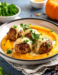 Autumnal meatballs atop vibrant mashed pumpkin puree