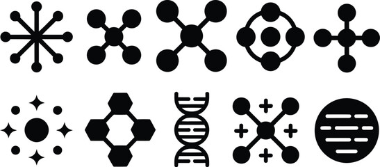 Set of ten dna strands and molecular structures in black and white editable eps vector minimal silhouette design for scientific research graphics biotech posters or infographics
