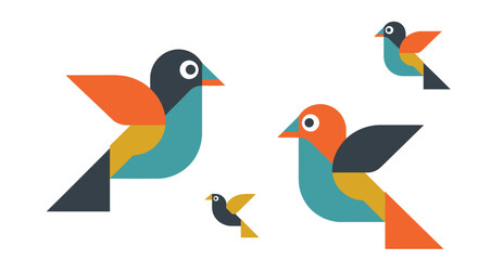 A Flock of Colorful Geometric Birds Flying.