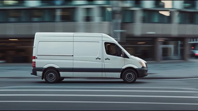 A moving white van captured in a city setting, demonstrating speed with a blurred background effect for a dynamic look.