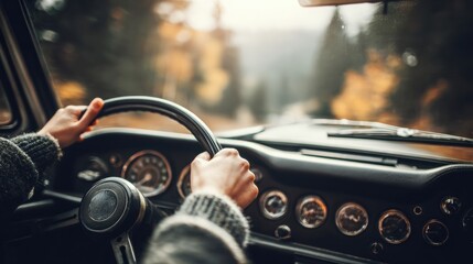 Naklejka premium Driving Through a Scenic Forest Road During Autumn With Hands on the Steering Wheel