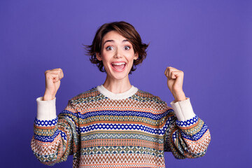 Photo of glad positive nice woman wear stylish clothes sale proposition offer isolated on purple...