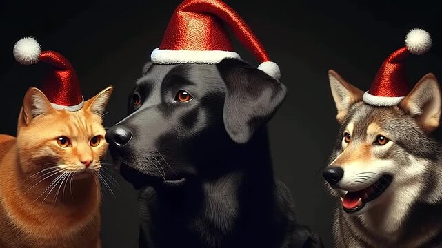 A Christmas trio: a cat, a black Labrador, and a wolf/husky wearing red Santa hats.