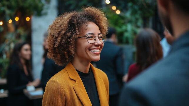 A businesswoman with curly hair and glasses smiles at a coworker at an office meeting.
