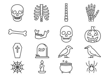 Halloween icon set: skulls, skeletons, tombstone, pumpkin, and more spooky symbols