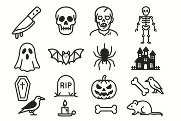 Obraz premium Halloween icons: knife, skull, zombie, skeleton, ghost, bat, spider, haunted house, coffin, pumpkin, candle, bones, crow, rat