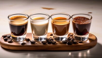 deconstructed coffee tasting flight featuring espresso shots beans and milk variations on rustic wooden board highlighting artisan brewing cafe culture and flavor exploration