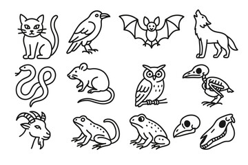 Obraz premium Animal icons featuring cat, bird, bat, wolf, snake, rat, owl, skeleton, goat, frog, skull