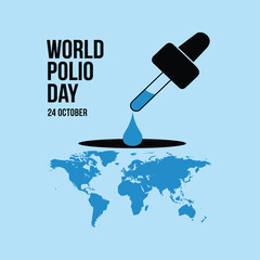 Vector art of world polio day illustration featuring a dropper with a blue drop falling onto a world map, symbolizing global eradication efforts