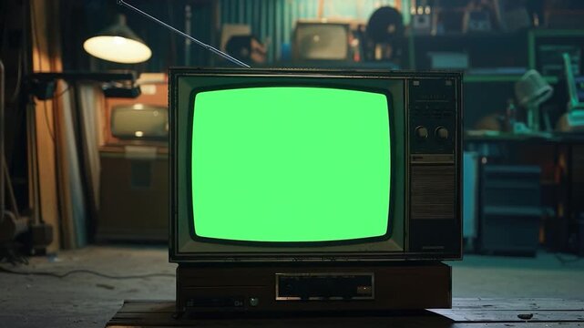 video A green screen TV sitting on a wooden table, suitable for chroma keying or creative projects
