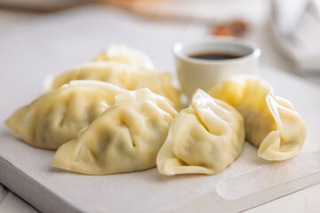 Traditional japanese gyoza dumplings on white table.