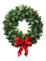 Highly detailed watercolor Christmas wreath in an oval shape, featuring various evergreen leaves and mistletoe berries with a red bow, clipart style, isolated on a white background.