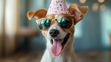 Cute dog wearing party hat and sunglasses celebrates with joy during a birthday party indoors