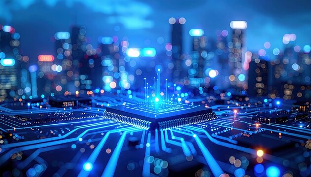 Futuristic microchip glowing with blue circuits and city skyline blurred in background, representing AI technology, data processing, and digital infrastructure of future cities