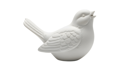 Close up of a white bird figurine singing with detailed feather texture, isolated on a transparent background. Ceramic sculpture for decoration. Studio shot.