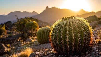 Golden sunset on desert landscape, with prickly pear cactus