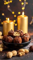 Chocolate truffles,  a dark bowl, peanuts, and candles