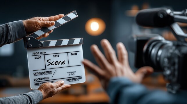 A filmmaker prepares to shoot a scene with a clapperboard.