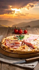 Pizza with ham, mushrooms, and cheese on a wooden table at sunset