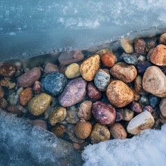 Colorful rocks beneath icy water, nature's beauty