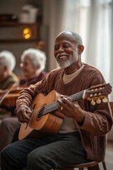 Smiling Black senior man playing guitar in cozy indoor setting.