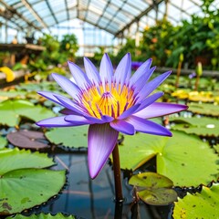 Vibrant purple lotus flower in a greenhouse pond. Lush green leaves surround a single, stunning lotus blossom.  Sunlight streams through the glass roof of the conservatory