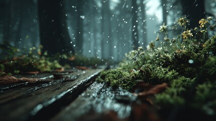 natural background, smooth mossy stone platform in front, rain drops, copy and text space