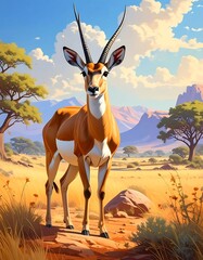A gazelle stands in a golden savanna.  Sunny landscape