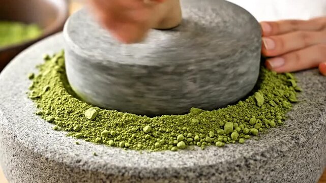 Video, matcha tea powder, the process of grinding and refining matcha into food and beverage powder, culture, Japan