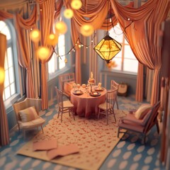A room with a table and chairs, and a lamp hanging from the ceiling. The room is decorated in a pink and white color scheme, giving it a cozy and inviting atmosphere