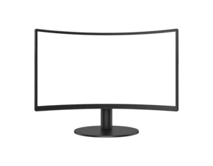 A curved computer monitor with a black screen is displayed on a black background in a studio shot