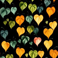 A black and white image of many different colored leaves with hearts in the middle. The leaves are in various shades of green, yellow, and orange. The image has a whimsical and playful mood