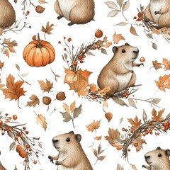 A pattern of leaves and a pumpkin with a small brown animal sitting on it. The animal is a hamster