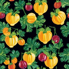 A black and white drawing of a garden with many different colored fruits and vegetables. The drawing is full of life and energy, with the colors and shapes of the fruits