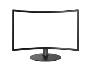 A curved black computer monitor with a black screen and a circular base on a black background view